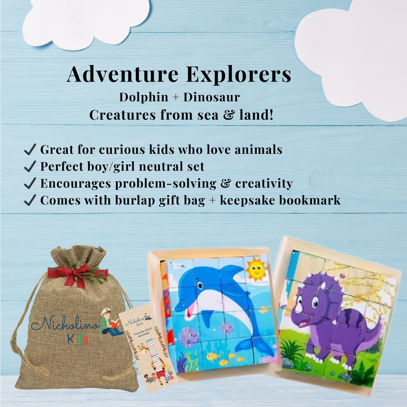 Nicholino Kids Wooden Block Puzzle Sets – Choose Your Adventure (Set of 2) + Burlap Gift Bag