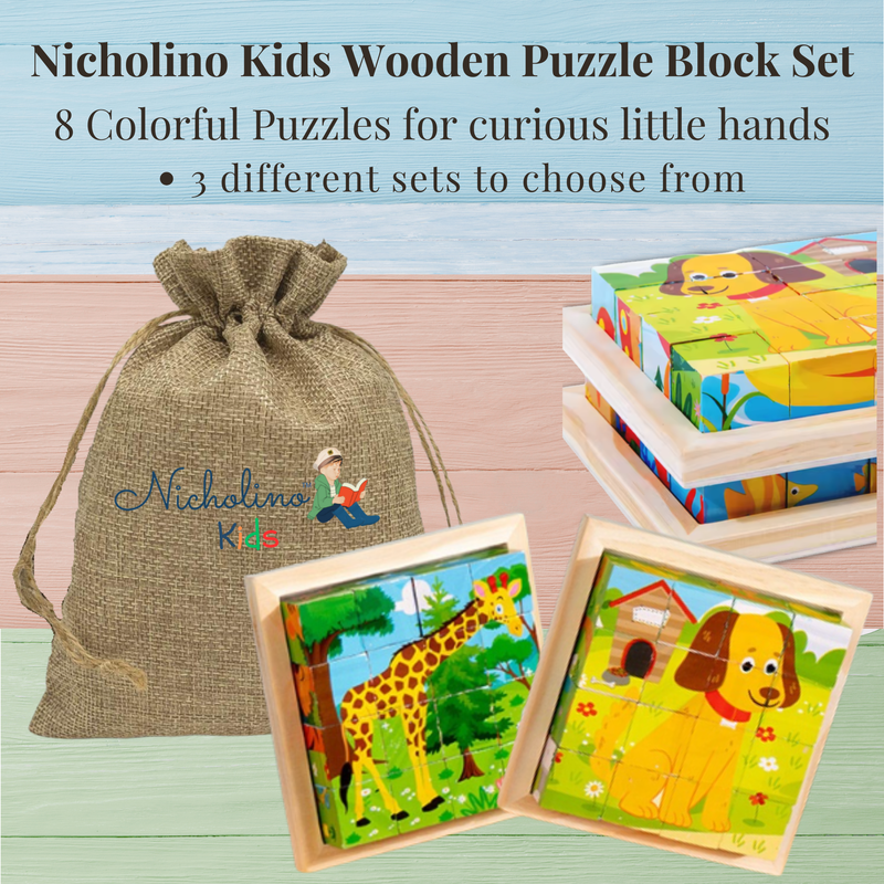 Nicholino Kids Wooden Block Puzzle Sets – Choose Your Adventure (Set of 2) + Burlap Gift Bag